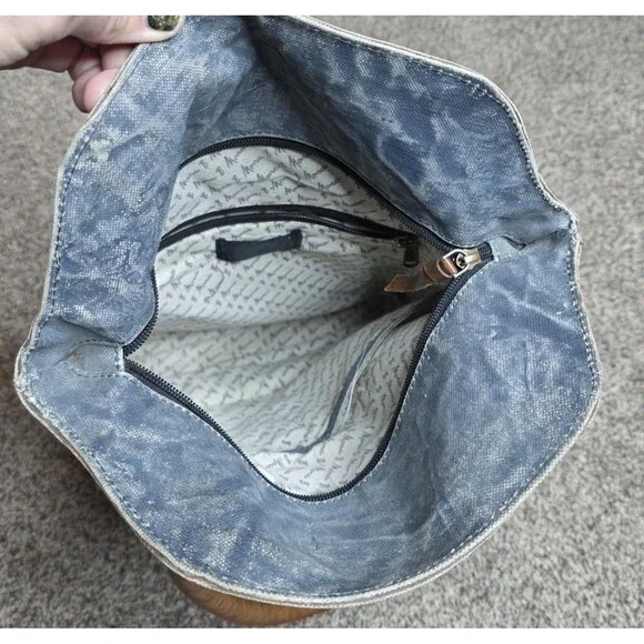 Mona B Collins Tote Bag Distressed Leather Denim Rustic Purse Handbag - Picture 5 of 14